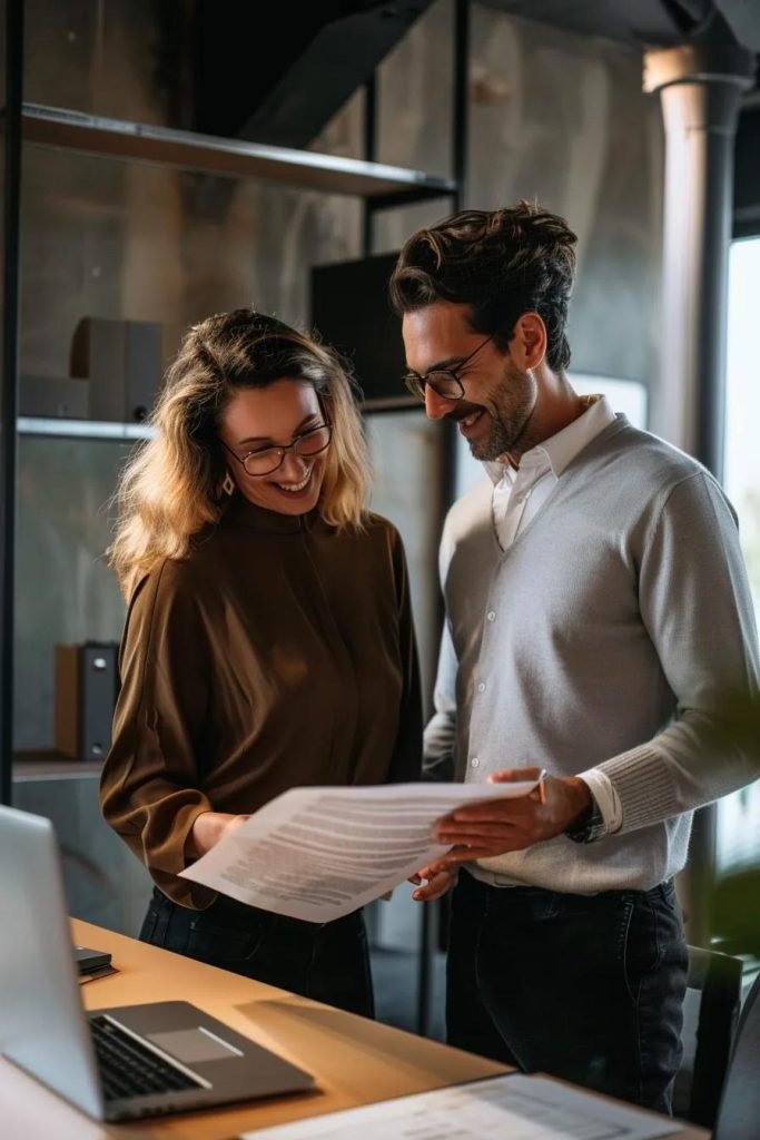 A friendly moving coordinator is showing a detailed, itemized quote to a client in a comfortable office setting.