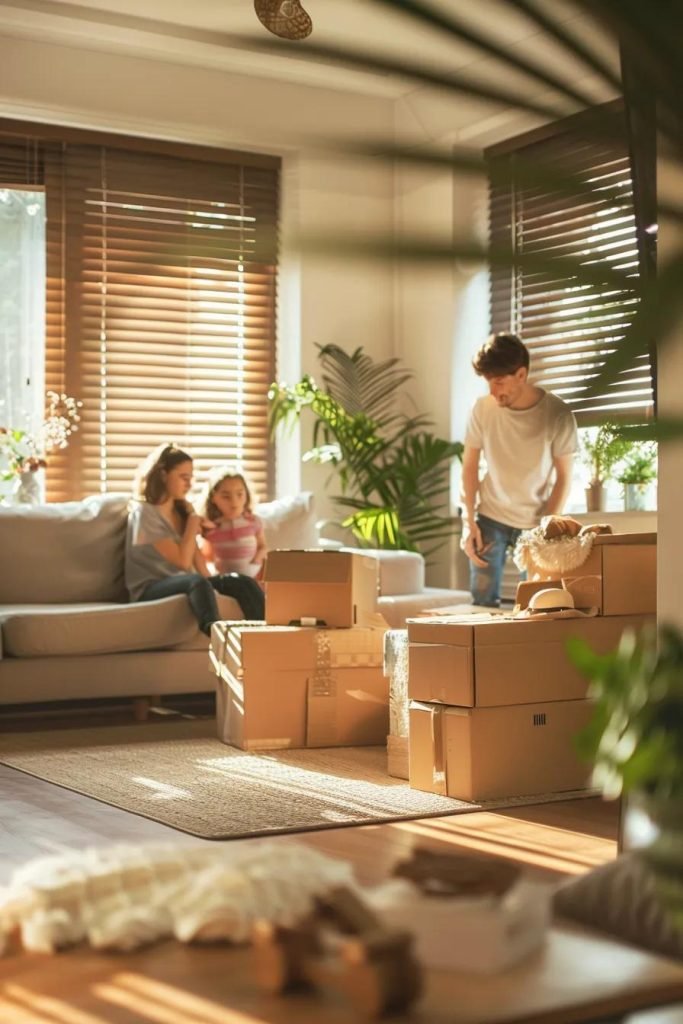 A family happily packing boxes in a bright, organized living room, getting ready for their move.