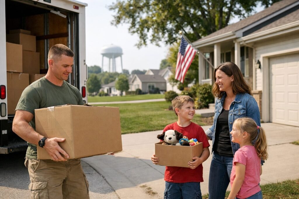 Easy as Pie military movers Omaha helping a U.S. military family unload cardboard boxes from an unbranded moving truck in a quiet Bellevue Nebraska neighborhood near Offutt AFB during daytime