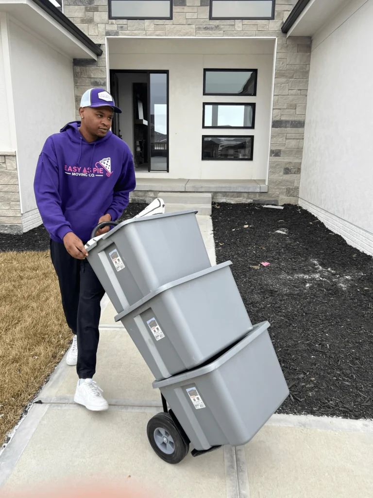 Easy As Pie mover carrying plastic moving bins