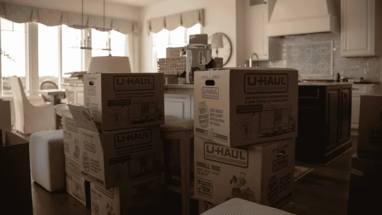 Moving boxes stacked inside a home
