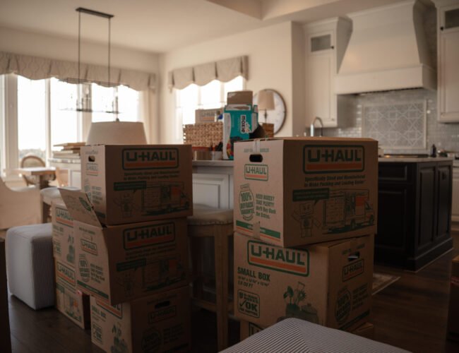 Moving boxes stacked and ready for transport
